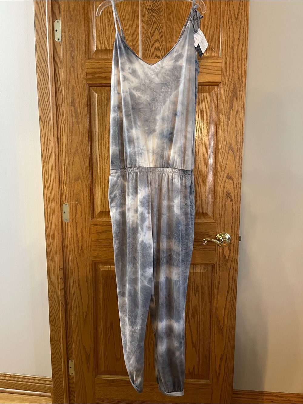 Gray Tie-Dye Sleeveless Jumpsuit with Adjustable Straps
